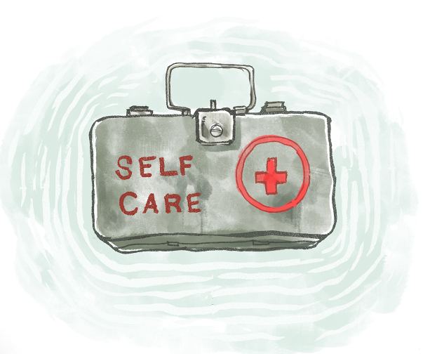 An illustration by Jessica Krcmarik, featuring a metal tool kit labeled "Self Care" with a medical symbol on it, and a light blue rippling background behind it.