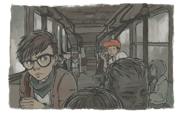 [The image features the author, Sam, glancing nervously over his shoulder while a hostile stranger smirks from across the aisle of the bus.]