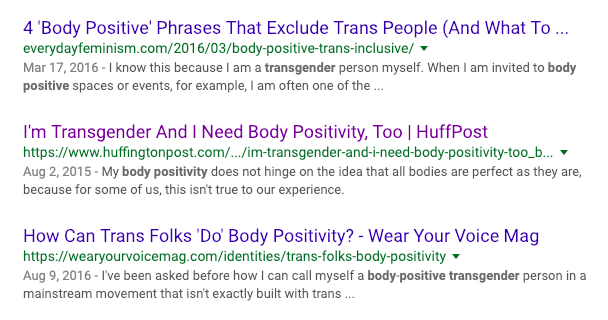 Three articles that appeared in a Google search for "transgender body positivity," all written by Sam.